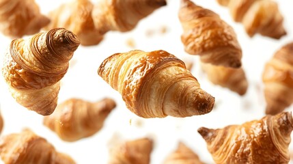 Many fresh baked croissants levitating