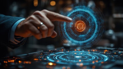 Man using futuristic touch screen interface