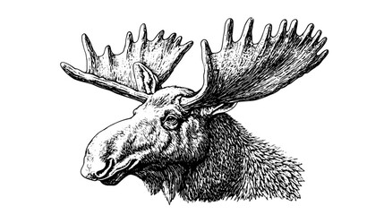Detailed hand-drawn vintage vector illustration of a majestic moose's head with prominent antlers