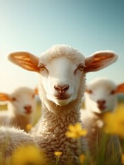 Fototapeta premium Adorable lambs enjoying a sunny day in a field filled with wildflowers and bright blue skies