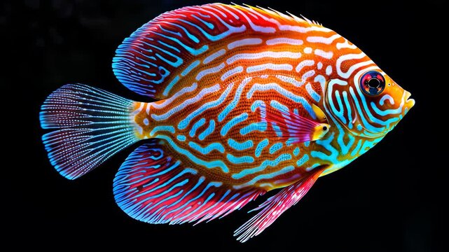 Symphysodon discus fish displays dazzling patterns and colors near vibrant coral reefs, Ai Generated.