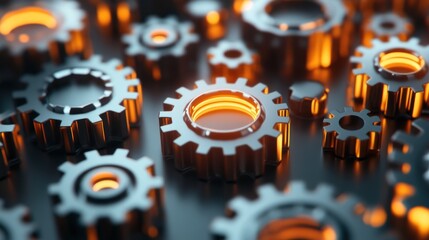 Engaged Gears; Abstract Industrial;  Inner Glow;  Mechanism; Teamwork