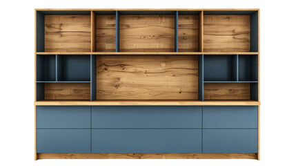 Modern empty wooden bookcase with blue drawers on transparent background