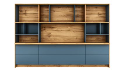 Modern empty wooden bookcase with blue drawers on transparent background