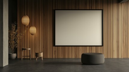 Modern Interior with Blank Canvas and Wooden Wall