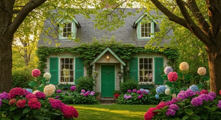 Charming cottage surrounded by vibrant hydrangeas in a lush garden during a sunny afternoon - green shutters brick house