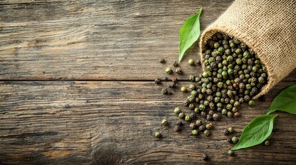 Fototapeta premium Fresh green peppercorns spilling out of a small sack onto a wooden floor, scattered leaves enhancing the organic feel