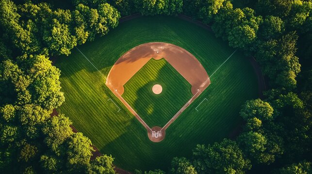 Aerial view of a baseball field surrounded by trees, ready for a summer game.