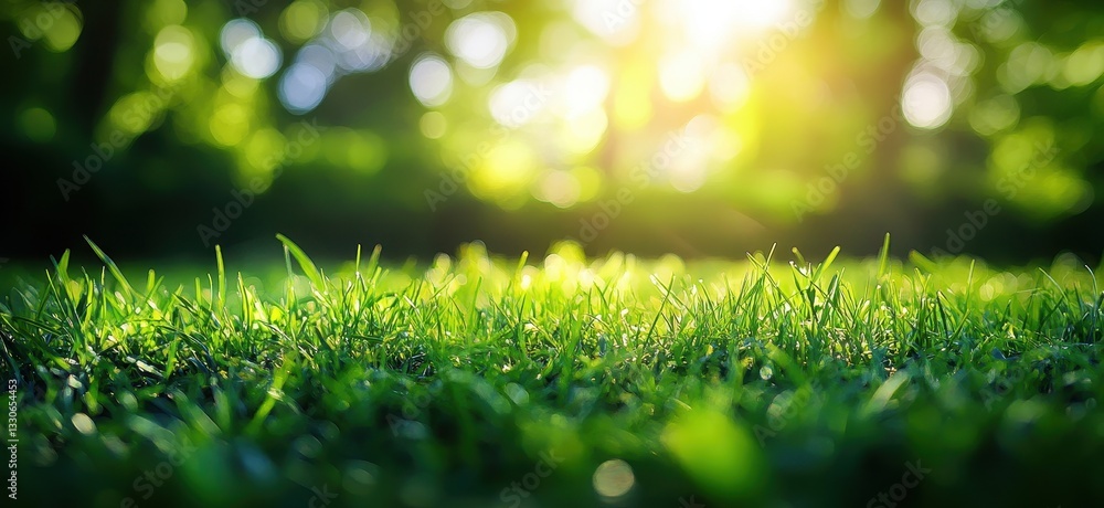 Poster lush green grass under warm sunlight with soft bokeh effect creating a dreamy outdoor scene in a vib