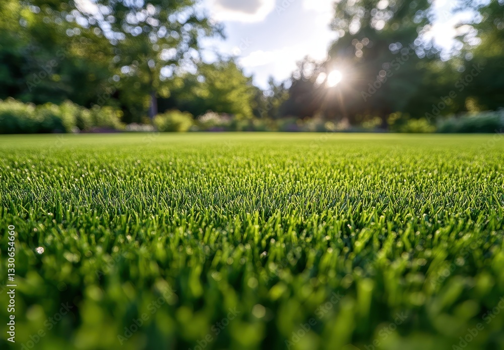 Poster lush green grass with backlight from the sun in a vibrant garden setting and soft bokeh effect durin