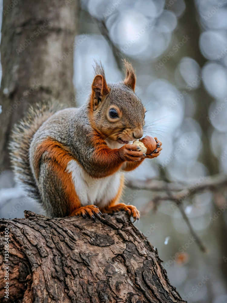 Poster squirrel with a nut sitting on a tree in winter.