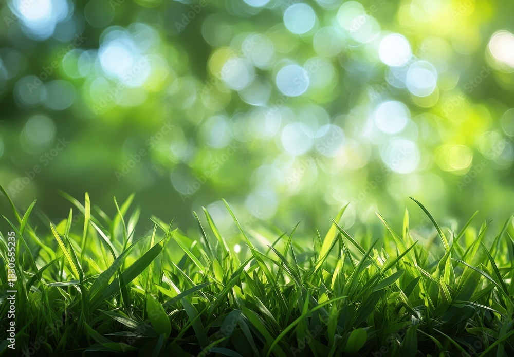 Poster Lush Green Grass with Dew Drops Under Bright Soft Bokeh Light Creating a Tranquil Natural Environment in a Summer Day Scene