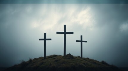 Naklejka premium Three Crosses Silhouette on Hilltop Under Cloudy Sky