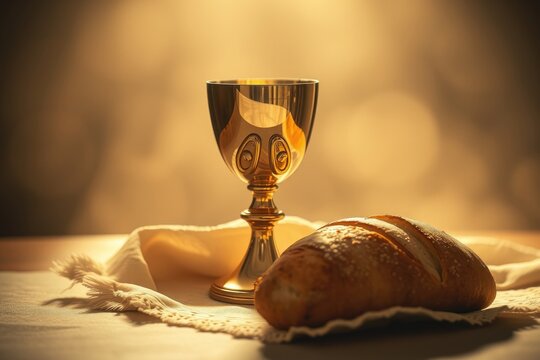 A golden chalice filled with wine sits beside freshly baked bread, representing the holy communion and the profound significance of the Last Supper in Christianity
