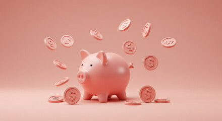 A cute pink piggy bank overflows as shiny coins drop onto the floor, set against a minimalist pink background