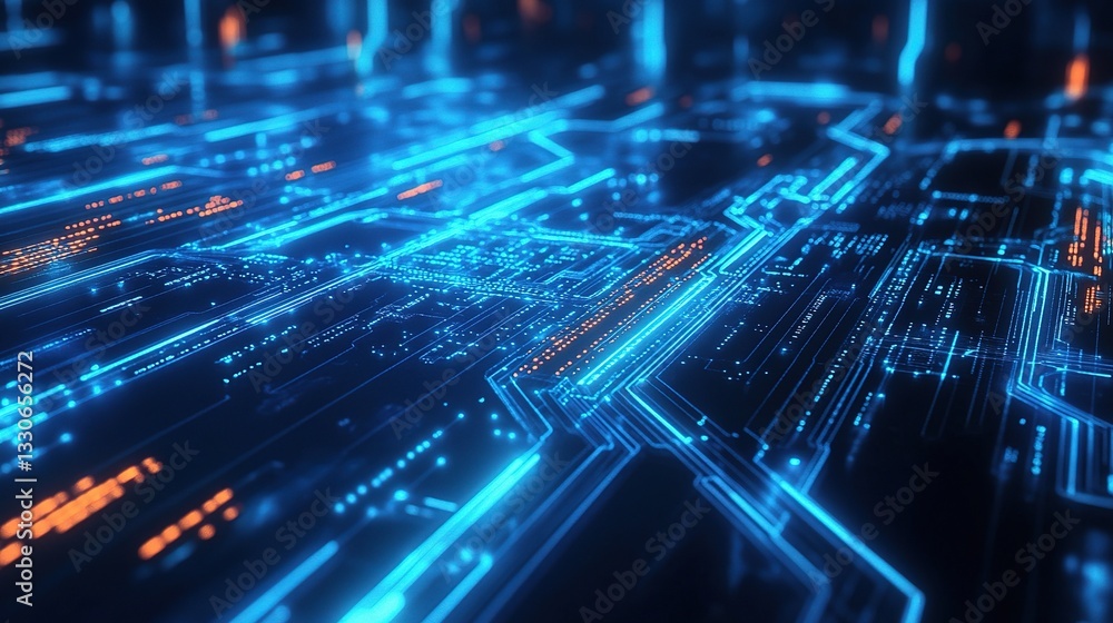 Poster high tech digital interface with glowing blue elements and patterns