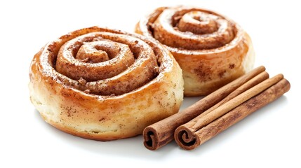 Fototapeta premium Two cinnamon buns and cinnamon sticks isolated