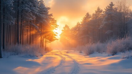 Fototapeta premium Snowy forest road at sunrise with golden light