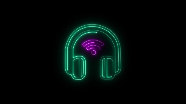 glowing neon wireless headphone icon isolated on black background. HD video motion graphic animatio