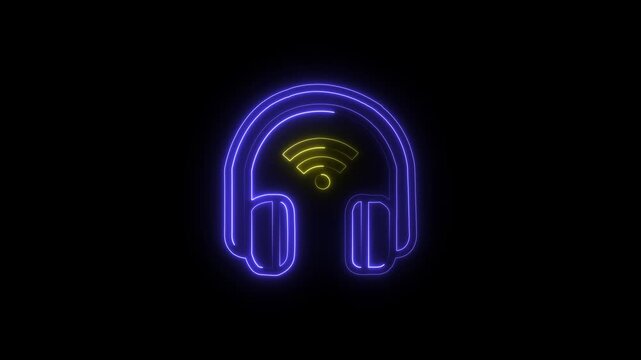 glowing neon wireless headphone icon isolated on black background. HD video motion graphic animatio