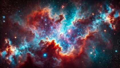 Naklejka premium Colorful cosmic nebula with glowing star clusters, swirling gas clouds, bright stardust and deep space background – vibrant astronomy scene, fantasy universe, galactic sky, celestial landscape