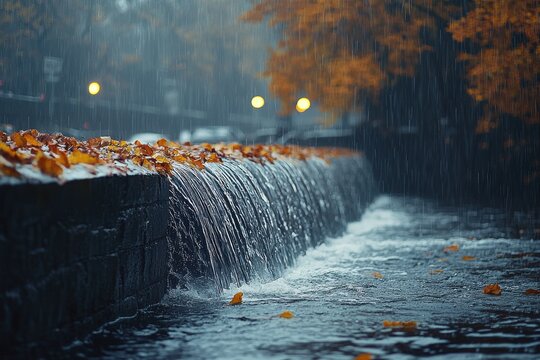 Rain cascades over stone wall as autumn leaves float in the water during a dreary afternoon
