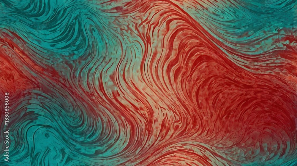 Poster abstract fluid art with undulating lines in teal and red creating dynamic patterns