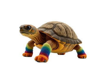 Obraz premium Playful Turtle in Rainbow Leg Warmers & Faux Fur Coat on White Background – High-Def Textures, Professional Lighting