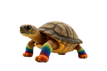 Playful Turtle in Rainbow Leg Warmers & Faux Fur Coat on White Background – High-Def Textures, Professional Lighting