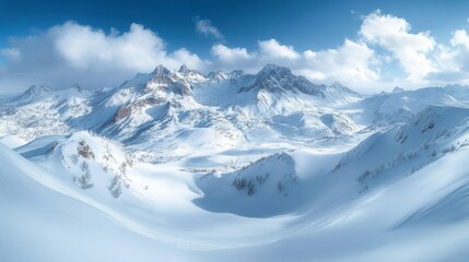 Obraz premium Snowy Mountain Range Panorama, Winter Landscape, Majestic Peaks, Sunny Day, Wide View, Photo Use Stock Image