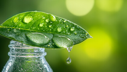 Fototapeta premium Droplet falling from a leaf into a bottle. Essence of herbal medicine. Light green background. Concept of holistic health, plant-based cures, and sustainable wellness