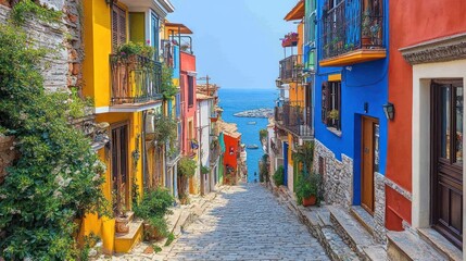 Fototapeta premium Vibrant Coastal Town: A Hillside of Colorful Houses Overlooking the Sea