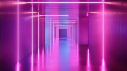 Fototapeta premium Futuristic Metal Corridor with Endless Neon Lights and Reflections