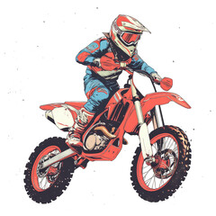 Motocross rider on dirt bike, helmeted and geared, jumps across a flat, graphic, white background isolated on white or transparent png