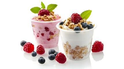 Tasty yogurt in open plastic cup isolated