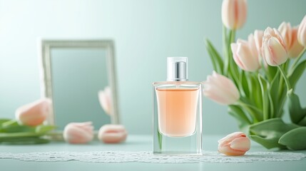 Elegant perfume bottle surrounded by fresh tulips and a vintage mirror on a soft pastel backdrop during springtime