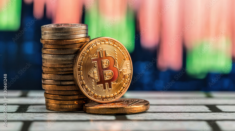 Aufkleber digital currency coins stacked on table with trading chart background