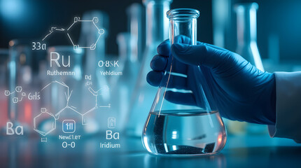 Modern Chemistry Lab Beaker Liquid Hand in Glove Chemical Formula Research