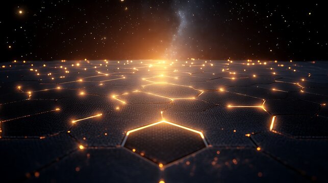 Illuminated Hexagonal Grid Underneath a Starry Night Sky
