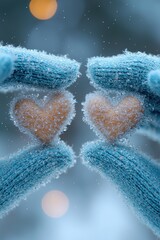 Cozy winter atmosphere with two snow-dusted heart-shaped cookies held by hands wearing knitted gloves