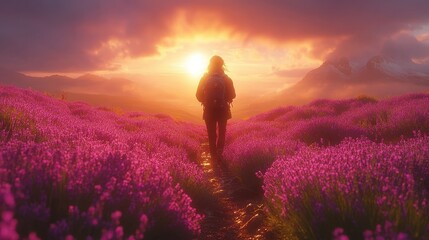 Fototapeta premium Hiker in Lavender Field at Sunrise