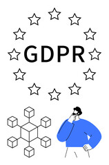 GDPR text surrounded by EU stars, network blocks, and a pondering person. Ideal for privacy, security, data protection, compliance, law governance internet policy. Flat simple metaphor