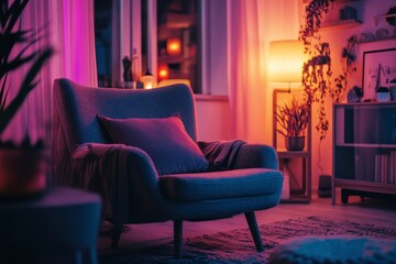 Obraz premium Cozy Teal Armchair in Warmly Lit Living Room at Night with Blanket, Plants, and Soft Rug in Residence