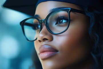 Fototapeta premium Thoughtful Black woman wearing glasses and graduation cap looks off into the distance.