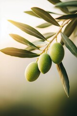Fresh green olives hanging from an olive tree branch in soft sunlight during golden hour
