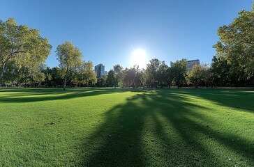 Lush Green Park Landscape with Sunlight and Trees in a City Setting, Capturing Nature’s Beauty and Urban Harmony on a Clear Day