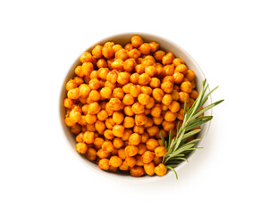 Bowl with tasty fried chickpeas and rosemary on white background