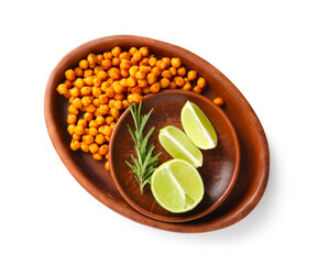 Bowl of tasty fried chickpeas with lime and rosemary on white background