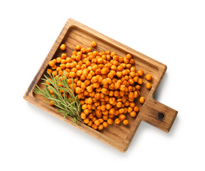Wooden board with tasty fried chickpeas and dill on white background