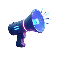Futuristic 3D megaphone icon with glowing neon lights, representing digital marketing, advertising, announcements, and media promotion in a high-tech style